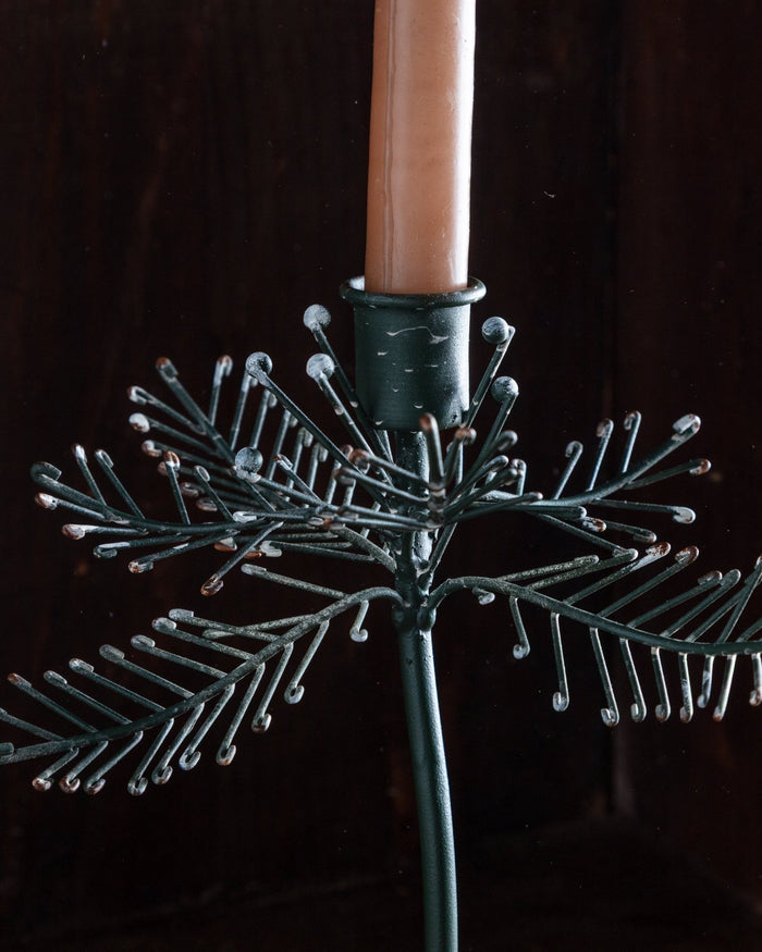 Snowy Pine Sprig Tole Taper Holder - Lone Fox