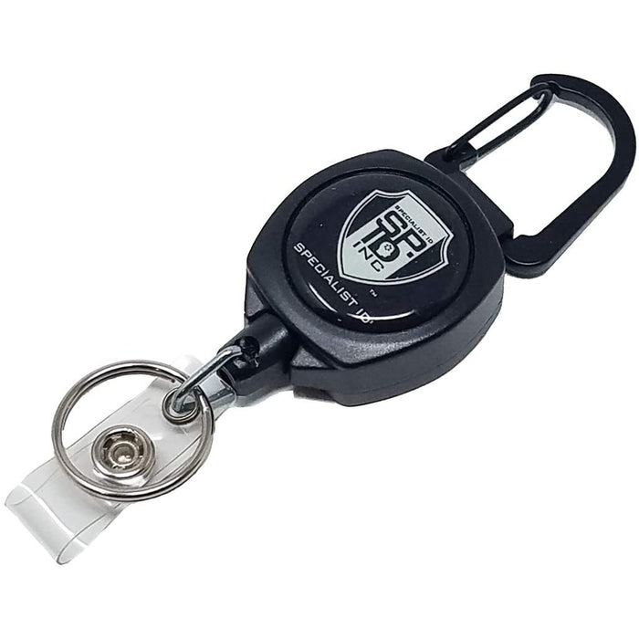 SPID Key-Bak SIDEKICK Heavy Duty Retractable Carabiner Badge Reel with ID Holder Strap & Keychain, featuring a heavy duty retractable carabiner hook and a logo with the text "Specialist ID" on its body.