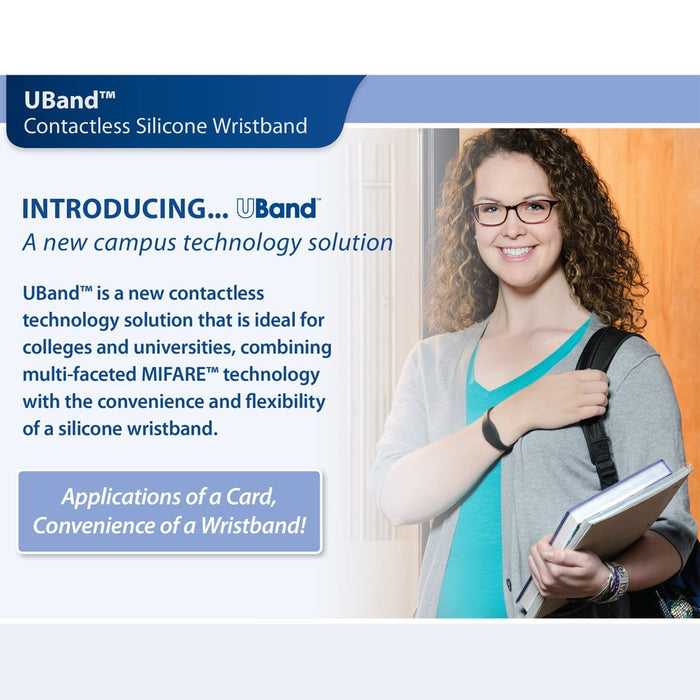 Promotional material for SPID UBand Proximity Silicone WristBand, a contactless SPID UBand Proximity Silicone WristBand with a 125 kHz proximity chip. It highlights SPID UBand Proximity Silicone WristBand as a new campus technology solution ideal for colleges and universities, showing a woman holding books.