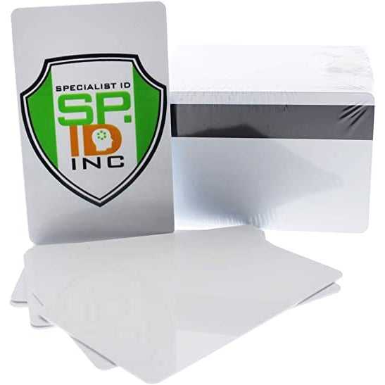 A stack of blank white plastic cards made of high-quality PVC, with one Standard CR80 30mil Card w/ HiCo Mag Stripe in front featuring the logo and name of "Specialist ID Inc.