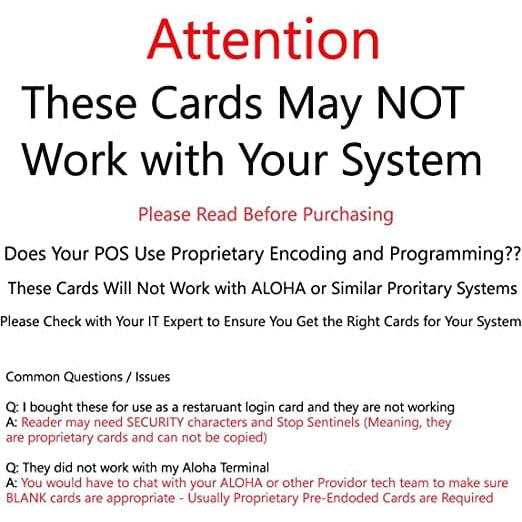 Sign displaying a warning that Standard CR80 30mil Cards w/ HiCo Mag Stripe may not work with specific systems, particularly ALOHA or similar proprietary systems. It advises users to check with IT support for compatibility.