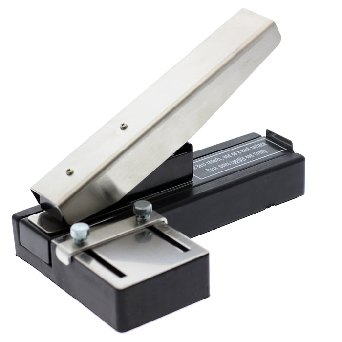 A Stapler-Style Slot Punch With Adjustable Guide (P/N SPID-9750) with a black plastic base and non-slip rubber feet.