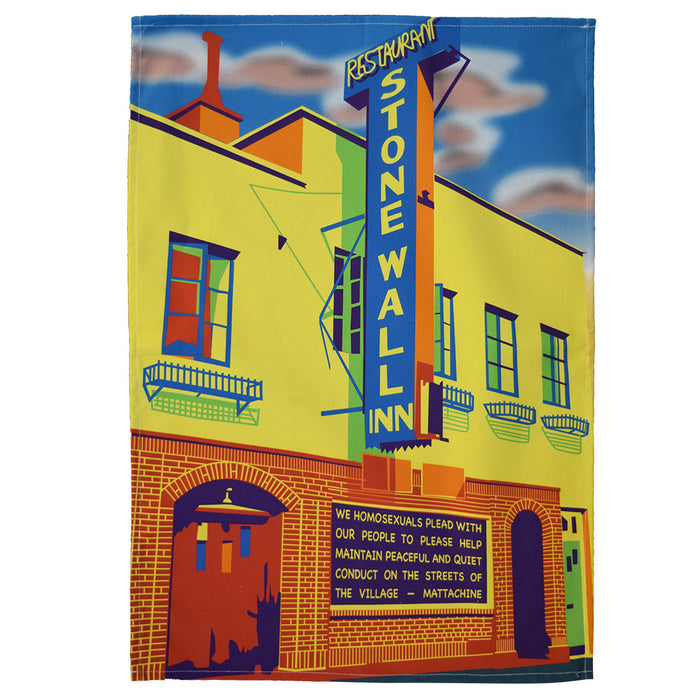 Tea towel with a colorful depiction of the Stonewall Inn, featuring a sign and architectural elements.