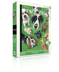 Image of a 500-piece jigsaw puzzle featuring Mark Ulriksen's "Summer Treat" illustration from the August 9, 2021, cover of The New Yorker. Against a bright lime-green background, a hand holds a small treat above a tightly packed crowd of dogs of various breeds and colors, all gazing upward with eager anticipation. The finished puzzle measures 18" × 24". The packaging is shown at an angle, revealing both the front image and the spine.