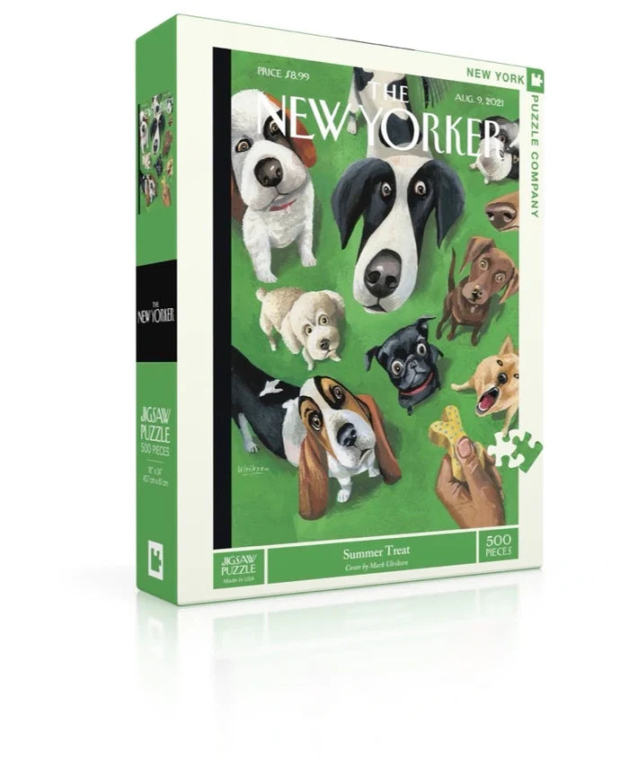Image of a 500-piece jigsaw puzzle featuring Mark Ulriksen's "Summer Treat" illustration from the August 9, 2021, cover of The New Yorker. Against a bright lime-green background, a hand holds a small treat above a tightly packed crowd of dogs of various breeds and colors, all gazing upward with eager anticipation. The finished puzzle measures 18" × 24". The packaging is shown at an angle, revealing both the front image and the spine.