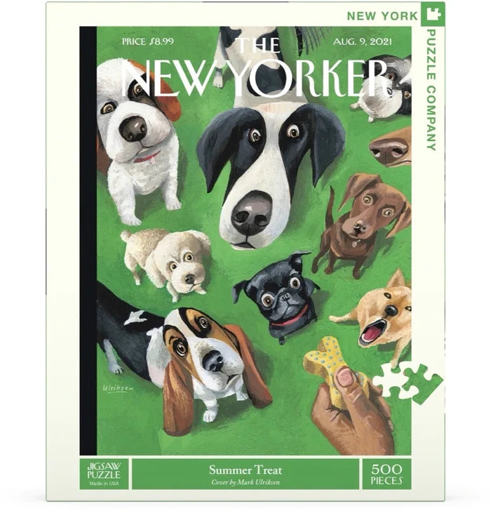 Image of a 500-piece jigsaw puzzle featuring Mark Ulriksen's "Summer Treat" illustration from the August 9, 2021, cover of The New Yorker. Against a bright lime-green background, a hand holds a small treat above a tightly packed crowd of dogs of various breeds and colors, all gazing upward with eager anticipation. The finished puzzle measures 18" × 24". The packaging is shown flat, displaying the full puzzle artwork on the front.