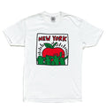 A soft white T shirt featuring a large, smooth graphic of a stylized apple in Keith Haring’s signature bold style. The apple is outlined with thick black lines and filled with lively red and green human figures that create a playful, energetic feel against the white background. The shirt has a classic unisex fit with short sleeves and a standard crew neckline. It’s lightweight, comfortable, and available in sizes from small to extra large.
