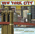 The cover of the New York City board book is bright and glossy, with bold reds, yellows, and blues framing a die‑cut opening that reveals an illustration of the Brooklyn Bridge above the East River with skyscrapers and brownstones behind it, and its smooth surface—apart from the shallow cutout edges—features the title in bold red block lettering at the top with no raised text.