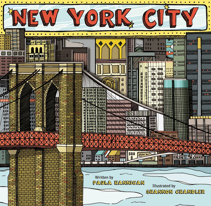 The cover of the New York City board book is bright and glossy, with bold reds, yellows, and blues framing a die‑cut opening that reveals an illustration of the Brooklyn Bridge above the East River with skyscrapers and brownstones behind it, and its smooth surface—apart from the shallow cutout edges—features the title in bold red block lettering at the top with no raised text.