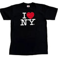 This T‑shirt features the iconic ‘I Heart NY’ design: a bold white letter ‘I,’ a bright red heart, and the letters ‘NY’ in bold white text, all set against a black background.