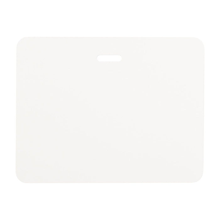 A plain white rectangular board with rounded corners and a small horizontal slot in the center near the top, designed for a Thermal-printable Non-expiring Printable Clip-on Cardbadge (P/N 03981) to enhance visitor management and maintain a secure environment.