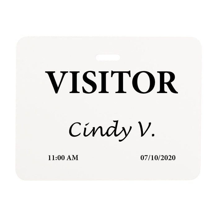 Visitor badge displaying the name Cindy V., with the time 11:00 AM and date 07/10/2020, printed on a Thermal-printable Non-expiring Printable Clip-on Cardbadge (P/N 03981), ensuring a secure environment through efficient visitor management.