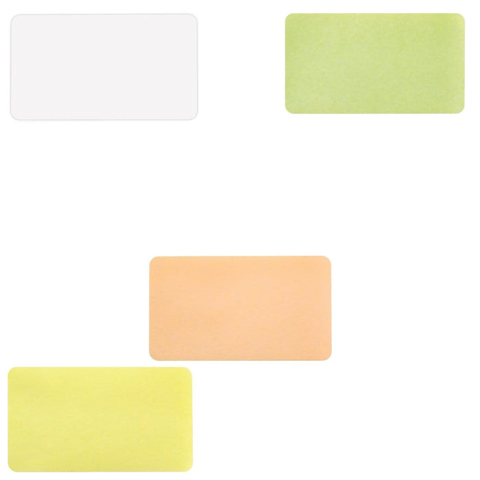 Four Thermal-printable Non-expiring Printable Adhesive Badges, Box of 1000 (P/N 0408X), ideal for visitor management, are arranged on a white background. They are colored white, green, peach, and yellow respectively.