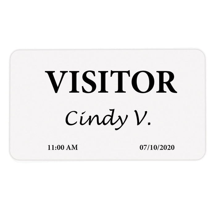 A Thermal-printable Non-expiring Printable Adhesive Badge, Box of 1000 (P/N 0408X), features the name "Cindy V.," the date "07/10/2020," and the time "11:00 AM" printed on it. Sold by Specialist ID.