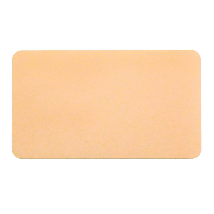Rectangular, tan-colored adhesive bandage with rounded corners, isolated on a white background, similar in appearance to Thermal-printable Non-expiring Printable Adhesive Badges, Box of 1000 (P/N 0408X) used in visitor management.