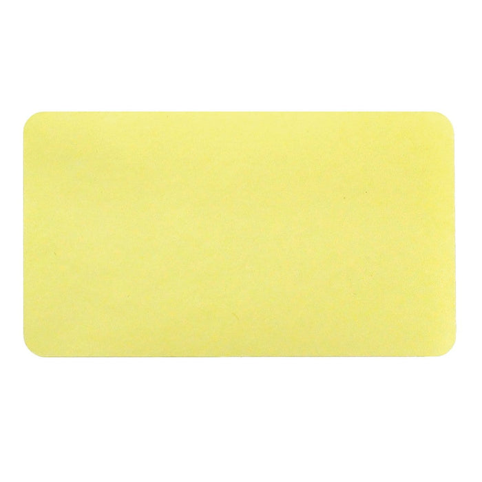 A rectangular yellow sticky note with rounded corners, displayed on a plain white background, perfect for jotting down quick notes or ideas. This versatile note can also be used in visitor management systems, such as Thermal-printable Non-expiring Printable Adhesive Badges, Box of 1000 (P/N 0408X) created using direct thermal printers.