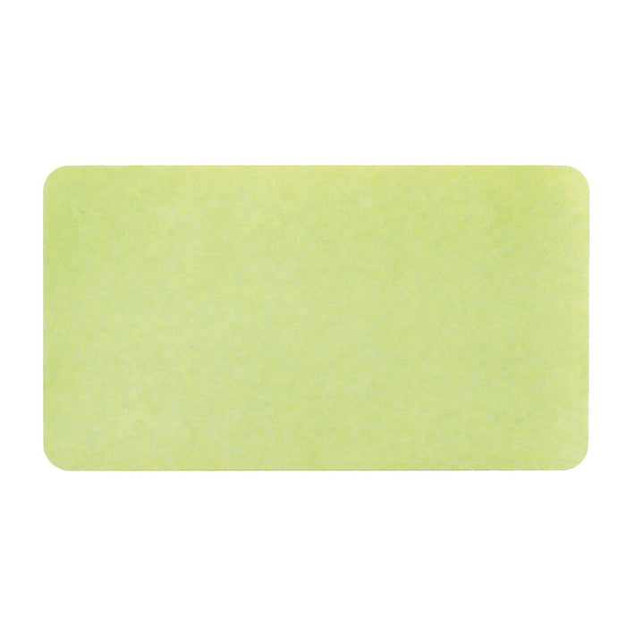 A rectangular, light green sticky note with rounded corners, perfect for use with Thermal-printable Non-expiring Printable Adhesive Badges, Box of 1000 (P/N 0408X) or direct thermal printers in effective visitor management systems.