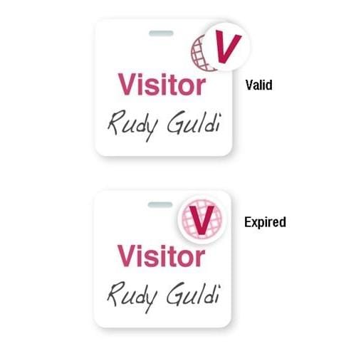 Two Manual Clip-on "VISITOR" Badges With Expiring Time Covers, Box of 1000 (P/N 05587) for "Rudy Guldi," one marked "Valid" with a "V" icon on the top right, and the other marked "Expired" with the "V" icon crossed out. This example illustrates an effective Visitor management system using expiring time spots to ensure security and proper access control.