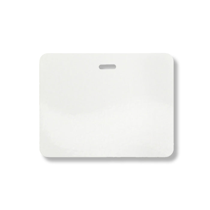 A plain white rectangular ID badge with rounded corners and a single slot for attachment at the top center, ideal for use with Reusable 4 X 3 Cardbacker Badge Back, Box of 500 (P/N 05661).