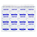 A spiral-bound pad containing multiple sheets of detachable Expiring Visitor Badge and Log Book - 480 Badges (05741) with spaces for name, date, time in/out, and the purpose of the visit, ideal for any visitor management system.