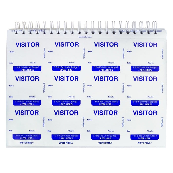 A spiral-bound pad containing multiple sheets of detachable Expiring Visitor Badge and Log Book - 480 Badges (05741) with spaces for name, date, time in/out, and the purpose of the visit, ideal for any visitor management system.