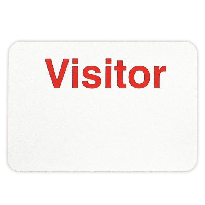 Plain white rectangular VISITOR Manual Non-expiring 2" X 3" Adhesive Badge, Box of 1000 (P/N 05806) with the word "Visitor" written in bold red letters at the top, perfect for effective visitor management.