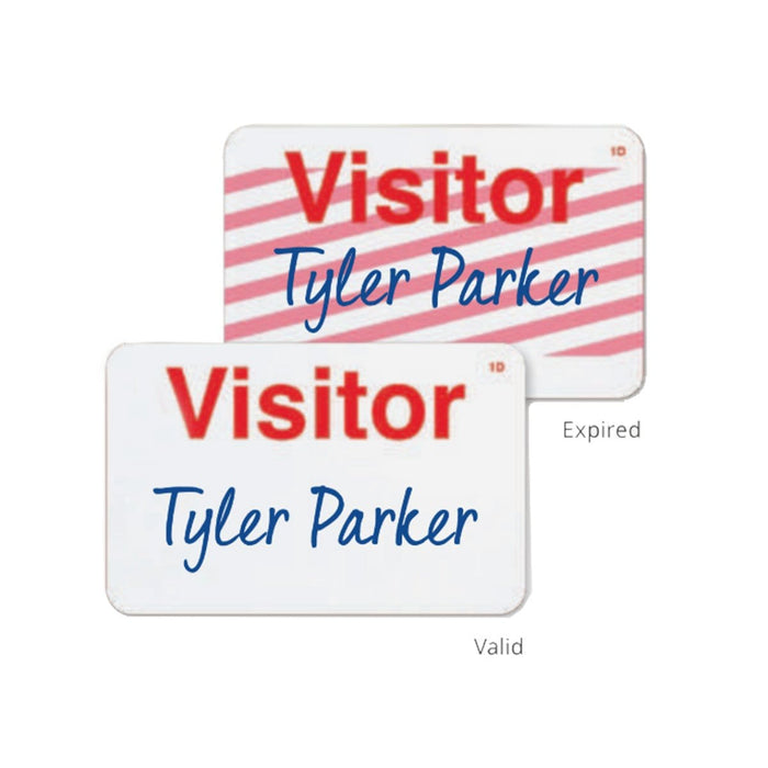 Two visitor badges labeled "Tyler Parker." The top badge, a One Step Manually-Issued Self-Expiring Badge (P/N T200X), is marked as expired with a light pink diagonal stripe pattern, while the bottom badge remains valid without any patterns.