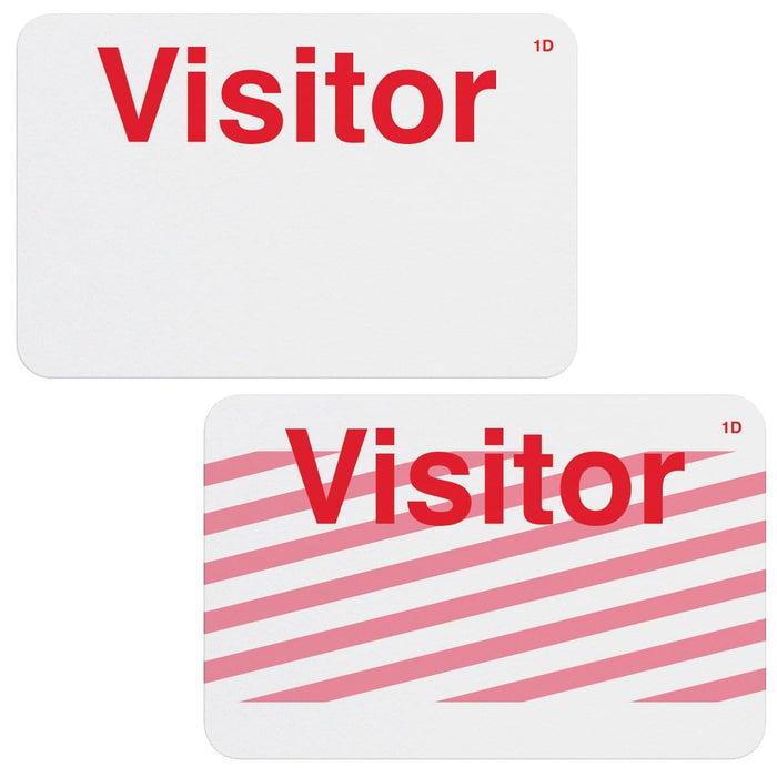 Two white One Step Manually-Issued Self-Expiring Badges, Box of 500 (P/N T200X) are shown; one is plain with the word "Visitor" in red, while the other has diagonal red stripes in addition to the same red text. These manually-issued badges provide clear visitor identification.