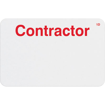 TEMPbadge T2005 one-day single-piece adhesive self-expiring badge printed CONTRACTOR in red, handwritten
