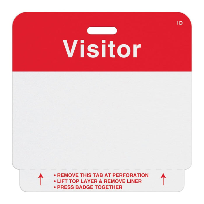 A white and red clip-on visitor badge with blank space for writing. Instructions at the bottom: "Remove this tab at perforation," "Lift top layer & remove liner," "Press badge together." Ideal as a temporary visitor badge, it ensures easy use and clear identification. Product Name: 500 Pack - Self Expiring Visitor Temp Badges (P/N T2014).