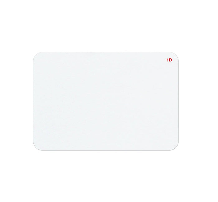 A blank, white rectangular card with rounded corners features a small red "1D" printed in the top right corner, ideal for visitor management. The card is part of the One Day Self-Expiring Timejet Printable Frontpart, Box of 500 (P/N T2015).