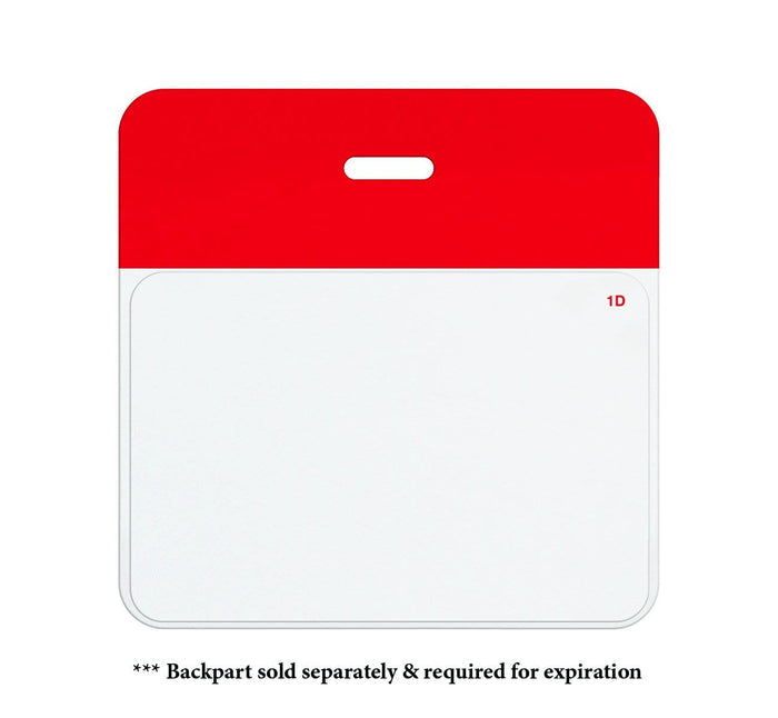 A blank, white badge with a red top section and a rectangular cutout for attachment. The text at the bottom reads, "* Backpart sold separately & required for expiration." Designed for seamless visitor management, this One Day Self-Expiring Timejet Printable Frontpart, Box of 500 (P/N T2015) integrates with Self-expiring Timejet systems.