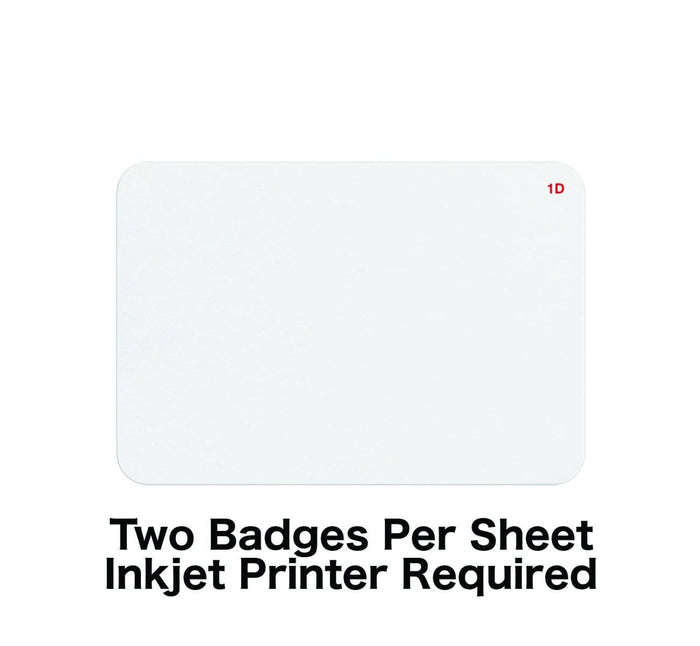 A One Day Self-Expiring Timejet Printable Frontpart, Box of 500 (P/N T2015) rectangular badge with "1D" in red on the top right corner and the text "Two Badges Per Sheet Inkjet Printer Required" below it, ideal for visitor management systems.