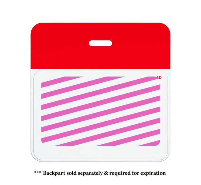 A rectangular ID badge with a red top and white bottom, featuring pink diagonal stripes. Note at the bottom states: "* Back part sold separately & required for expiration. Perfect for visitor management systems, its printable frontpart ensures seamless use with our One Day Self-Expiring Timejet Printable Frontpart, Box of 500 (P/N T2015).