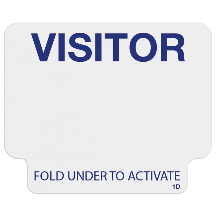 A Visitor Manual ONEstep Quick Tab TimeBadge, Box of 500 (P/N T2023) with the instruction "FOLD UNDER TO ACTIVATE" printed at the bottom.