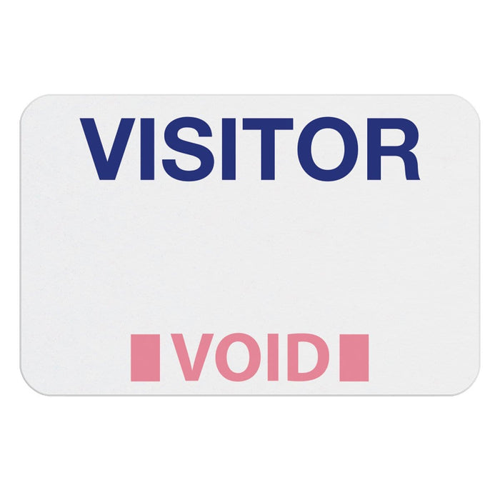 A white rectangular Visitor Manual ONEstep Quick Tab TimeBadge, Box of 500 (P/N T2023) with "VISITOR" in blue at the top and "VOID" in pink at the bottom.