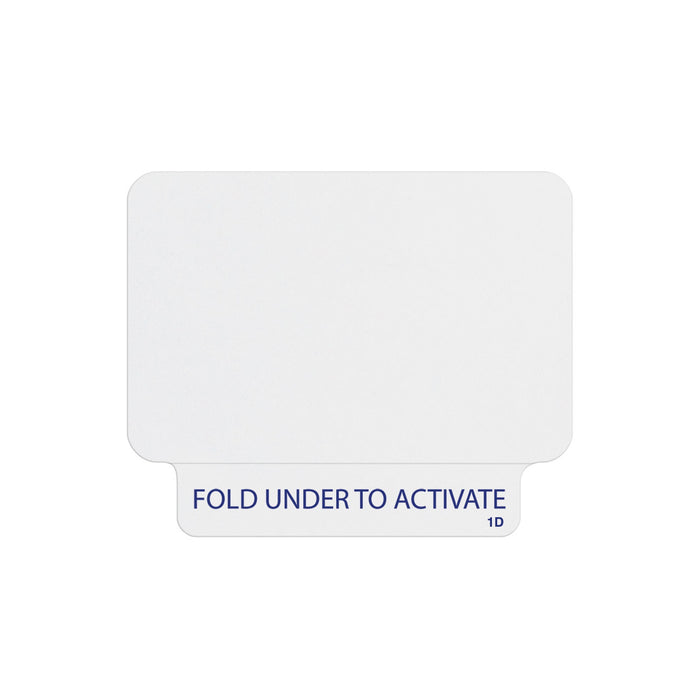 Valid one-piece self-expiring badge with fold-under activation tab reading FOLD UNDER TO ACTIVATE, same design as large-cut part T2031-BQL