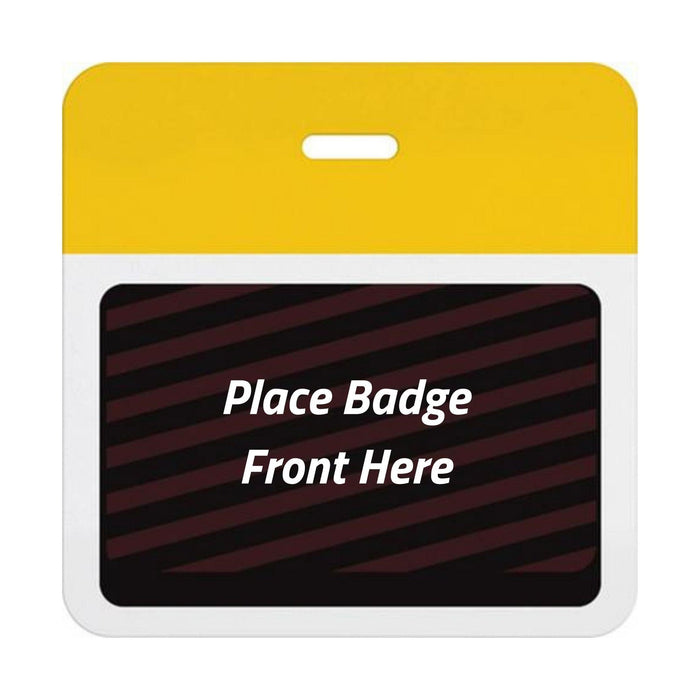 Self-expiring badge back with plain yellow header bar, slot punch, and black backing printed Place Badge Front Here, part T5902A