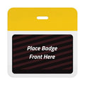 Self-expiring badge back with plain yellow header bar, slot punch, and black backing printed Place Badge Front Here, part T5902A