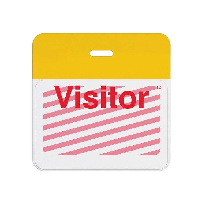 Expired self-expiring badge with yellow header bar showing red diagonal stripes across the printed Visitor front, T5902A back assembled with T6103 front