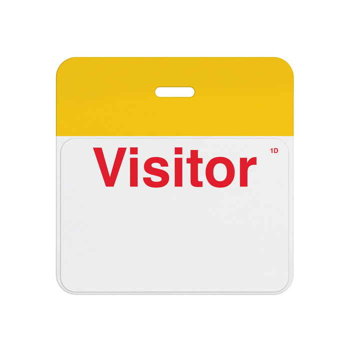Valid self-expiring badge with yellow header bar and pre-printed red Visitor one-day front, T5902A back assembled with T6103 front