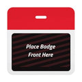 Self-expiring badge back with plain red header bar, slot punch, and black backing printed Place Badge Front Here, part T5903A