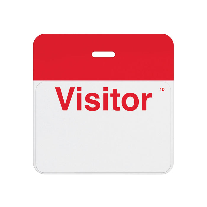 Valid self-expiring badge with red header bar and pre-printed red Visitor one-day front, T5903A back assembled with T6103 front