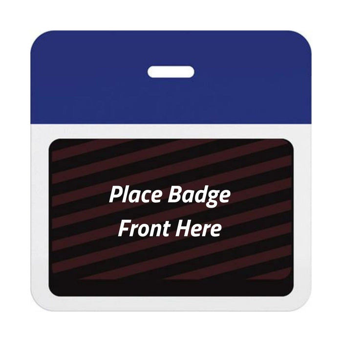 Self-expiring badge back with plain reflex blue header bar, slot punch, and black backing printed Place Badge Front Here, part T5904A