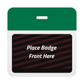 Self-expiring badge back with plain green header bar, slot punch, and black backing printed Place Badge Front Here, part T5905A