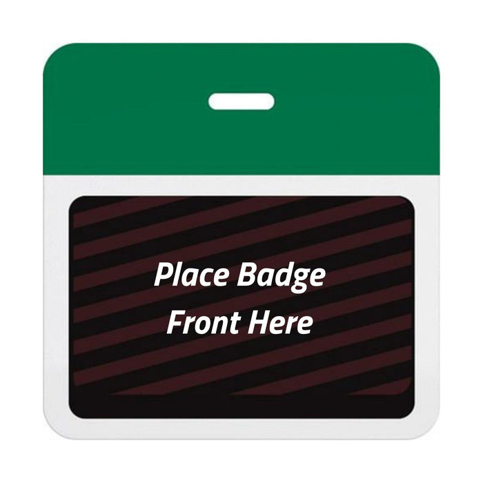 Self-expiring badge back with plain green header bar, slot punch, and black backing printed Place Badge Front Here, part T5905A