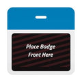 Self-expiring badge back with plain process blue header bar, slot punch, and black backing printed Place Badge Front Here, part T5906A