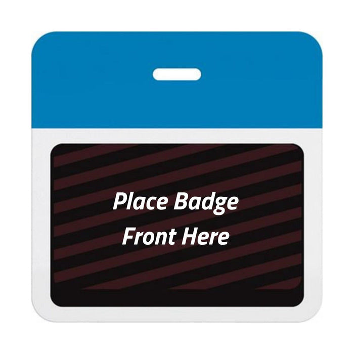 Self-expiring badge back with plain process blue header bar, slot punch, and black backing printed Place Badge Front Here, part T5906A