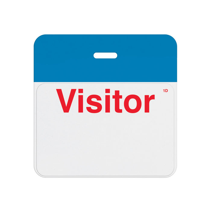 Valid self-expiring badge with process blue header bar and pre-printed red Visitor one-day front, T5906A back assembled with T6103 front