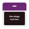Self-expiring badge back with plain purple header bar, slot punch, and black backing printed Place Badge Front Here, part T5907A